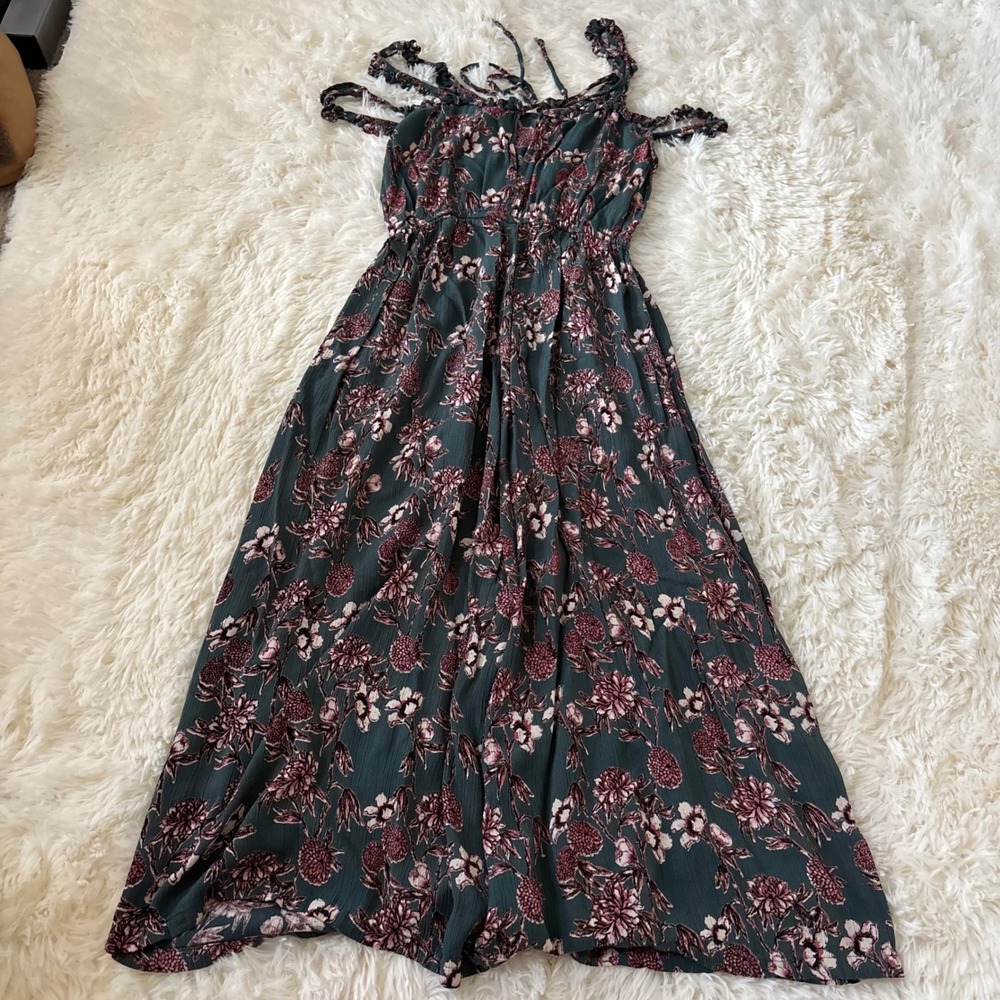 Angie Floral Wide Leg Jumpsuit Teal Pink Smocked Waist Boho Rayon Small - Picture 2 of 8